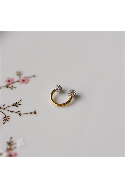 8 mm Gold İki Ucu Taşlı Cerrahi Çelik Tragus Helix Piercing Kıkırdak Septum