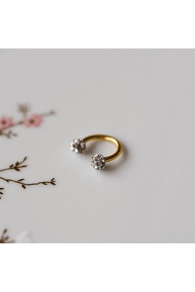 8 mm Gold İki Ucu Taşlı Cerrahi Çelik Tragus Helix Piercing Kıkırdak Septum