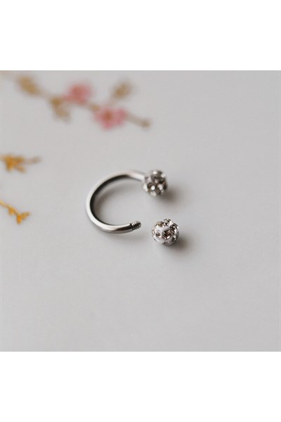 8 mm Gümüş Renk İki Ucu Taşlı Cerrahi Çelik Tragus Helix Piercing Kıkırdak Septum