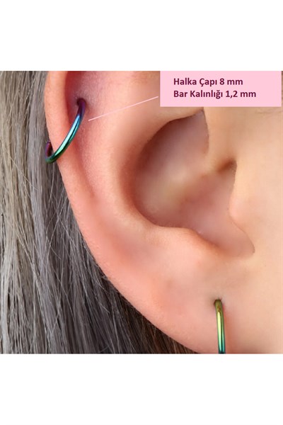 8 mm Hologram Cerrahi Çelik Düz Halka Tragus Piercing Helix Kıkırdak Rook Daith