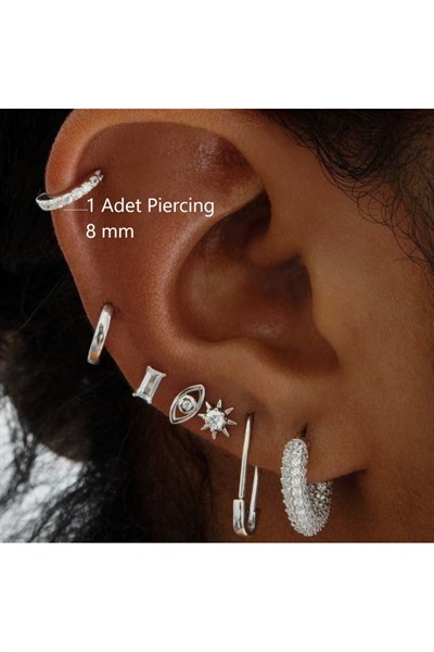8 mm Silver Renk Taşlı Halka Piercing Tragus Helix Forward Helix Kıkırdak