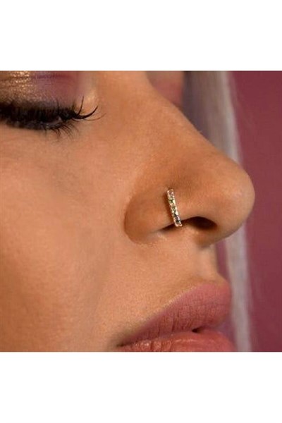 925 Ayar Gümüş Halka Taşlı Hızma Burun Piercing 9 mm Gold Renkli