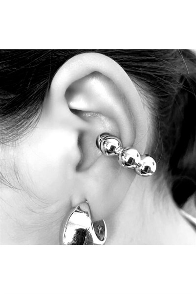 Bombeli Topçuklu Earcuff Kıkırdak Küpe Büyük Boy Silver