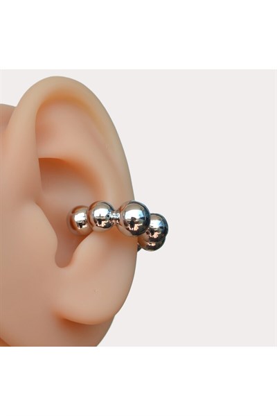 Bombeli Topçuklu Earcuff Kıkırdak Küpe Büyük Boy Silver