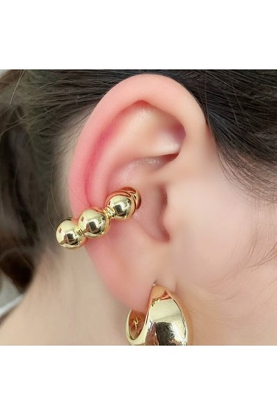Bombeli Topçuklu Earcuff Kıkırdak Küpe Büyük Boy Gold