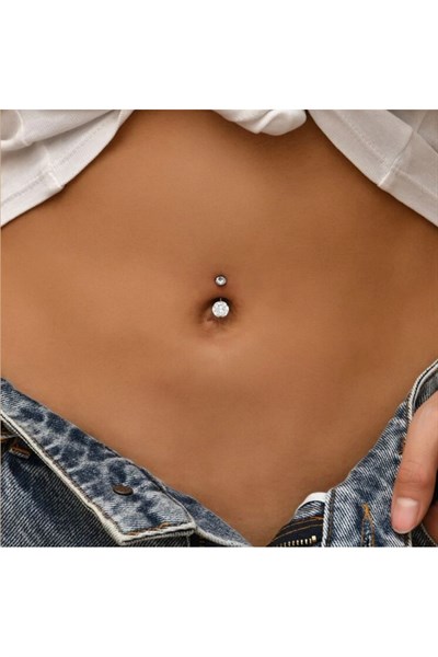 Çelik Zirkon Taşlı Göbek Piercingi Silver Rekli