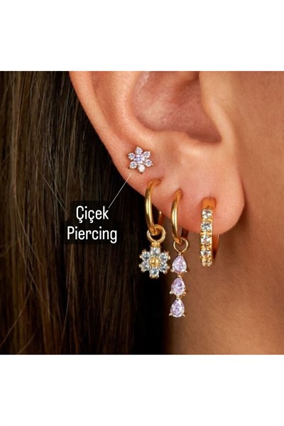 Cerrahi Çelik Çiçek Piercing Tragus Helix Conch Kıkırdak Lob Gold Renk