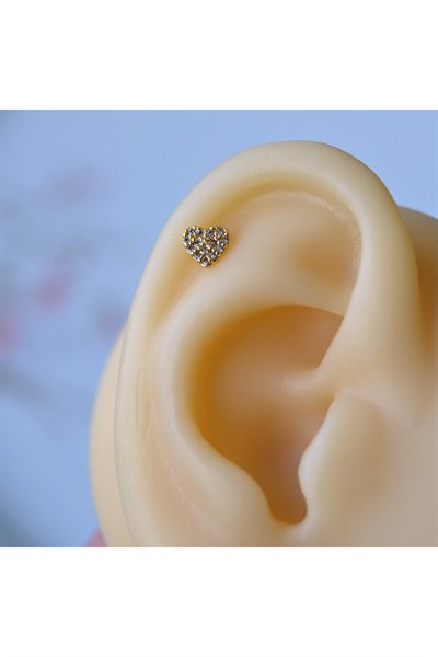 Cerrahi Çelik Gold Taşlı Kalp Tragus Piercing Helix Kıkırdak
