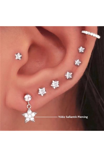 Cerrahi Çelik Yıldız Sallantılı Piercing Helix Kıkırdak Silver Renk