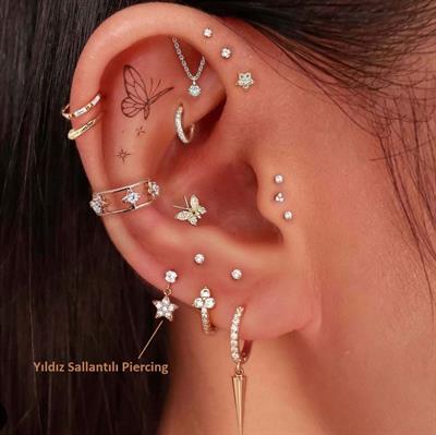 Cerrahi Çelik Yıldız Sallantılı Piercing Helix Kıkırdak Gold Renk