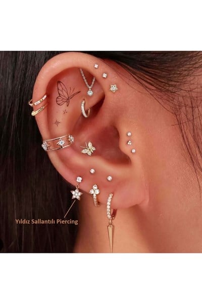Cerrahi Çelik Yıldız Sallantılı Piercing Helix Kıkırdak Gold Renk