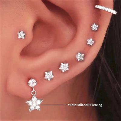 Cerrahi Çelik Yıldız Sallantılı Piercing Helix Kıkırdak Silver Renk