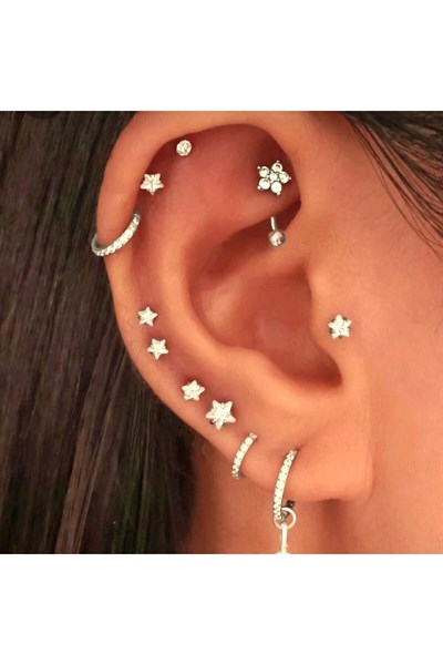 Cerrahi Çelik Yıldız Taşlı Piercing Tragus Helix Kıkırdak Conch 8 mm Gold Renk