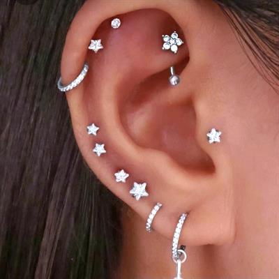 Cerrahi Çelik Yıldız Taşlı Piercing Tragus Helix Kıkırdak Conch 8 mm Gümüş Renk