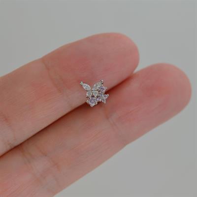 Çiçekli ve Kelebekli Mini Tragus Helix Piercing Kıkırdak Silver Renk HA
