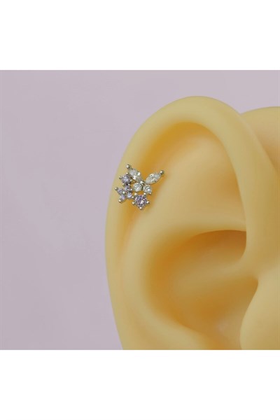 Çiçekli ve Kelebekli Mini Tragus Helix Piercing Kıkırdak Silver Renk HA