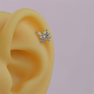 Çiçekli ve Kelebekli Mini Tragus Helix Piercing Kıkırdak Silver Renk HA