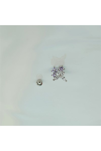 Çiçekli ve Kelebekli Mini Tragus Helix Piercing Kıkırdak Silver Renk HA