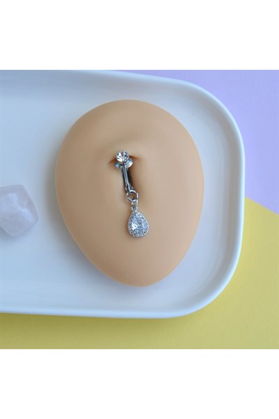 Deliksiz Zirkon Damla Sallantılı Sıkıştırma Klipsli Göbek Piercingi Belly Piercing