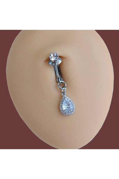 Deliksiz Zirkon Damla Sallantılı Sıkıştırma Klipsli Göbek Piercingi Belly Piercing