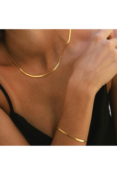 Gold Bileklik Kolye Takım Set İtalyan Ezme Çelik Zincir Kolye Bileklik İkili Set Unisex Ürün