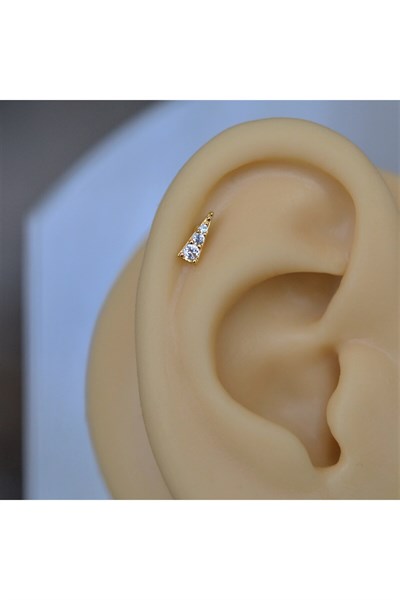 Gold Cerrahi Çelik Taşlı Mini Üçgen Piercing Helix Lob Kıkırdak Tragus