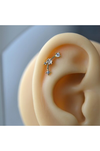 Gold Renk Cerrahi Çelik Taşlı Mini Yıldızlar Helix Piercing Lob Kıkırdak Tragus