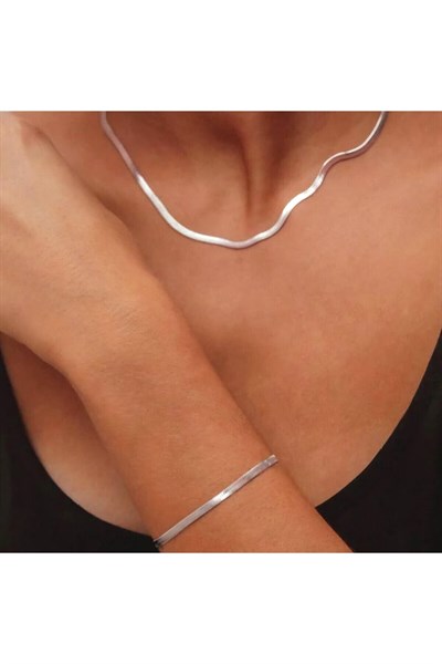 Gümüş Renk Bileklik Kolye Takım Set İtalyan Ezme Çelik Zincir Kolye Bileklik İkili Set Unisex Ürün