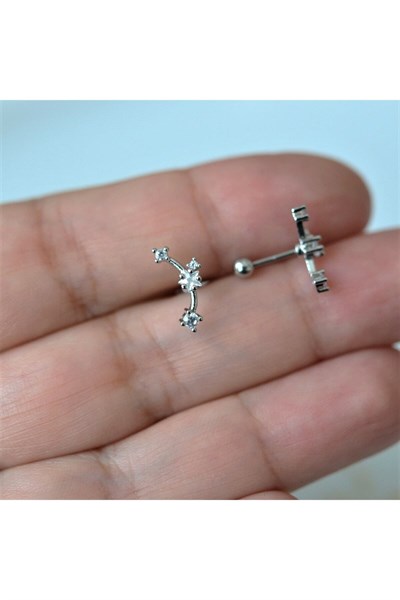 Gümüş Renk Cerrahi Çelik Taşlı Mini Yıldızlar Helix Piercing Lob Kıkırdak Tragus