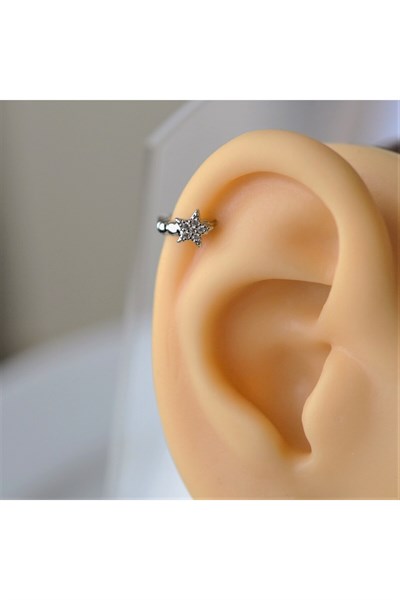 Gümüş Renk Cerrahi Çelik Yıldız Modelli Halka Tragus Piercing Helix Lob Kıkırdak