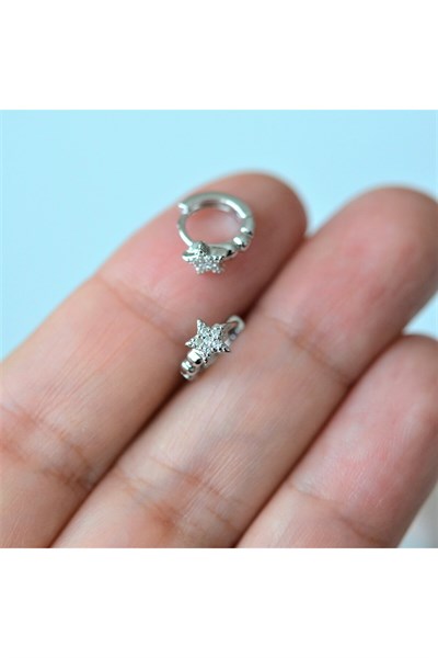 Gümüş Renk Cerrahi Çelik Yıldız Modelli Halka Tragus Piercing Helix Lob Kıkırdak