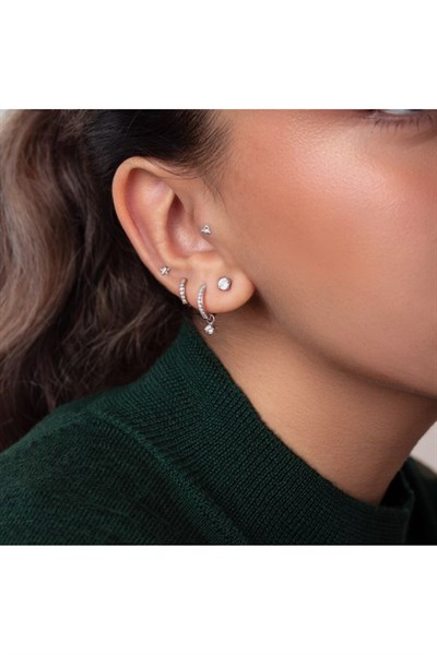 Gümüş Renk Tektaş Küpe 6 Mm Zirkon Taşlı Rodyumlu