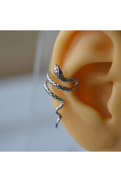 Gümüş Renkli Çelik Yılan Model Earcuff Yılan Sıkıştırma Kıkırdak Küpesi