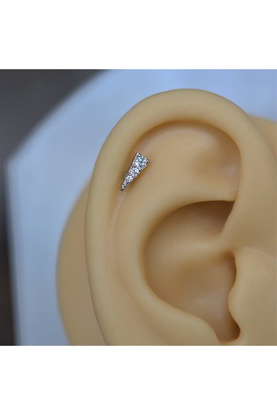 Gümüş Renkli Cerrahi Çelik Taşlı Mini Üçgen Piercing Helix Lob Kıkırdak Tragus