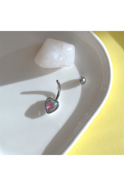 Hologram Yansımalı 316 L Çelik Kalp Model Göbek Piercingi Silver Renk Minimal