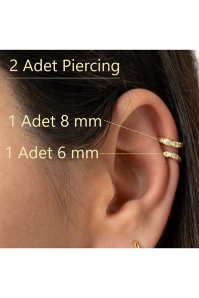 İki Parça Gold Taşlı Halka Piercing Tragus Helix Forward Helix Kıkırdak (6 mm ve 8 mm)