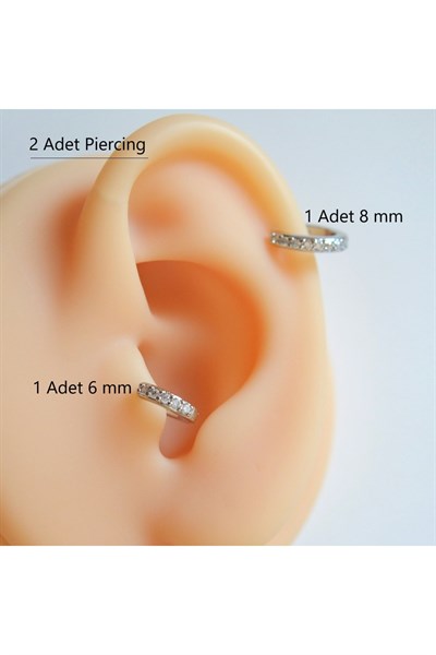 İki Parça Silver Renk Taşlı Halka Piercing Tragus Helix Forward Helix Kıkırdak (6 mm ve 8 mm)