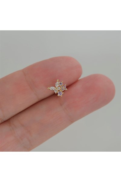 Mini Çiçekli ve Kelebekli Tragus Helix Piercing Kıkırdak Gold