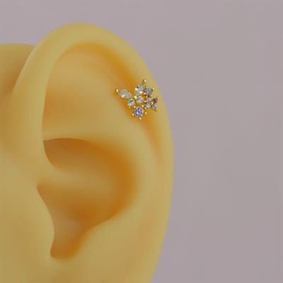 Mini Çiçekli ve Kelebekli Tragus Helix Piercing Kıkırdak Gold
