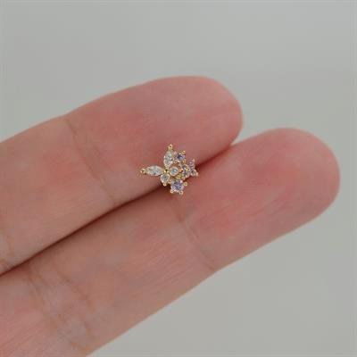 Mini Çiçekli ve Kelebekli Tragus Helix Piercing Kıkırdak Gold