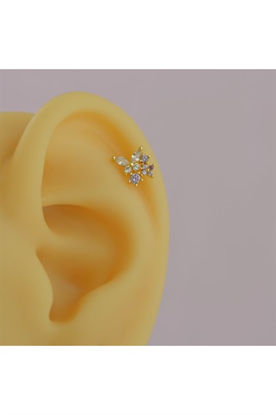 Mini Çiçekli ve Kelebekli Tragus Helix Piercing Kıkırdak Gold