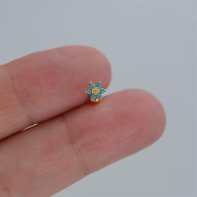 Mini Mavi Çiçekli Tragus Helix Piercing Kıkırdak Gold