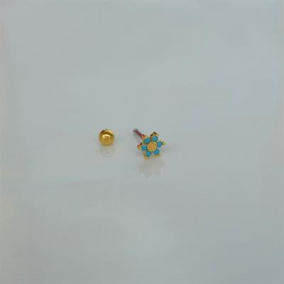 Mini Mavi Çiçekli Tragus Helix Piercing Kıkırdak Gold