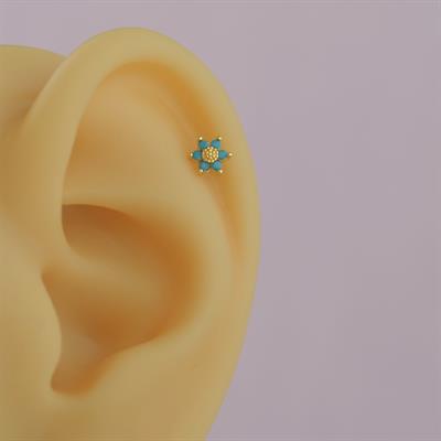 Mini Mavi Çiçekli Tragus Helix Piercing Kıkırdak Gold