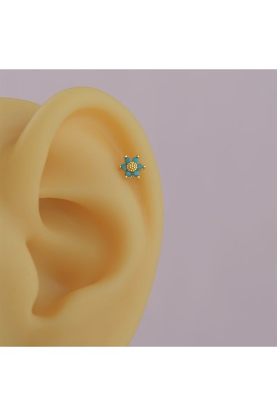 Mini Mavi Çiçekli Tragus Helix Piercing Kıkırdak Gold