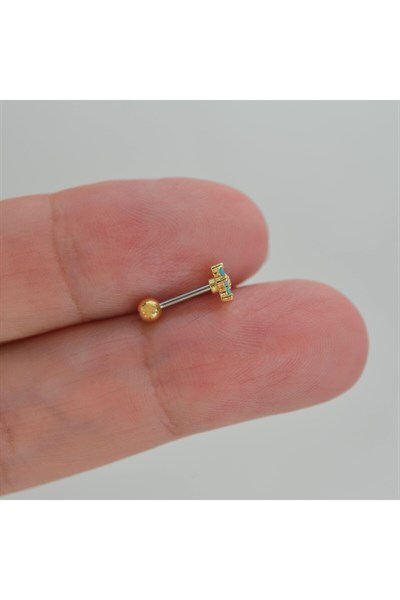 Mini Mavi Çiçekli Tragus Helix Piercing Kıkırdak Gold