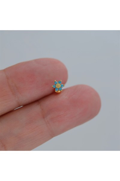 Mini Mavi Çiçekli Tragus Helix Piercing Kıkırdak Gold