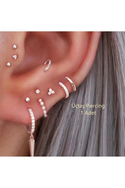 Mini Üçtaş Helix Piercing Helix Kıkırdak Tragus Conch Silver Renk Çelik Piercing Zirkon Taş