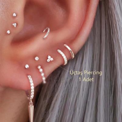 Mini Üçtaş Helix Piercing Helix Kıkırdak Tragus Conch Silver Renk Çelik Piercing Zirkon Taş