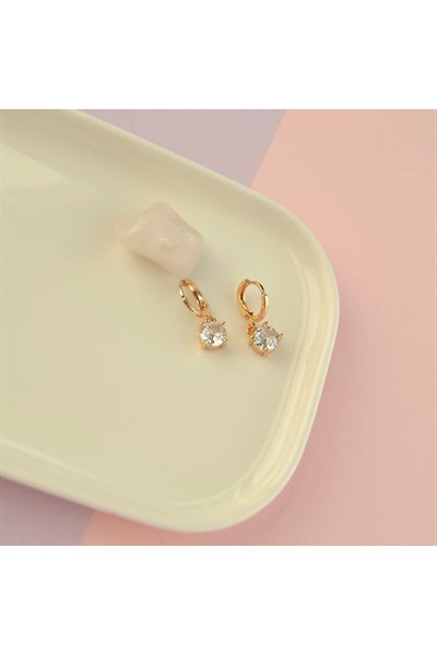 Minimal Kare Tektaş Charm Halka Küpe Şeffaf Beyaz Taşlı Sallantılı Küpe